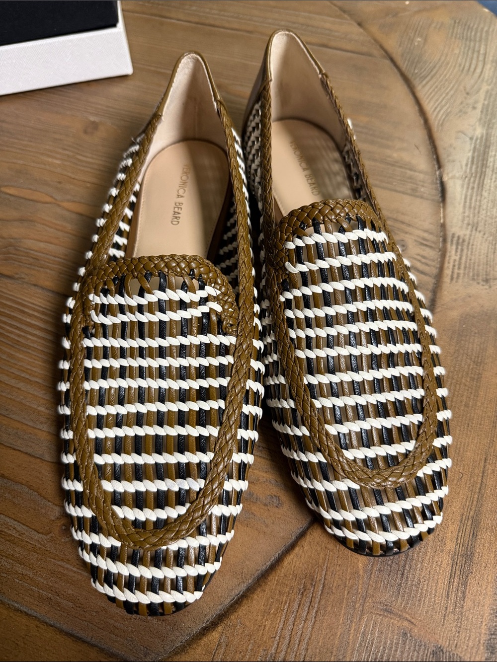 Veronica Beard Brown, White and Black Woven Loafers